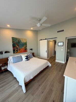 Ein modernes Schlafzimmer mit einem großen Bett, einem Deckenventilator und einem farbenfrohen abstrakten Gemälde an der Wand.