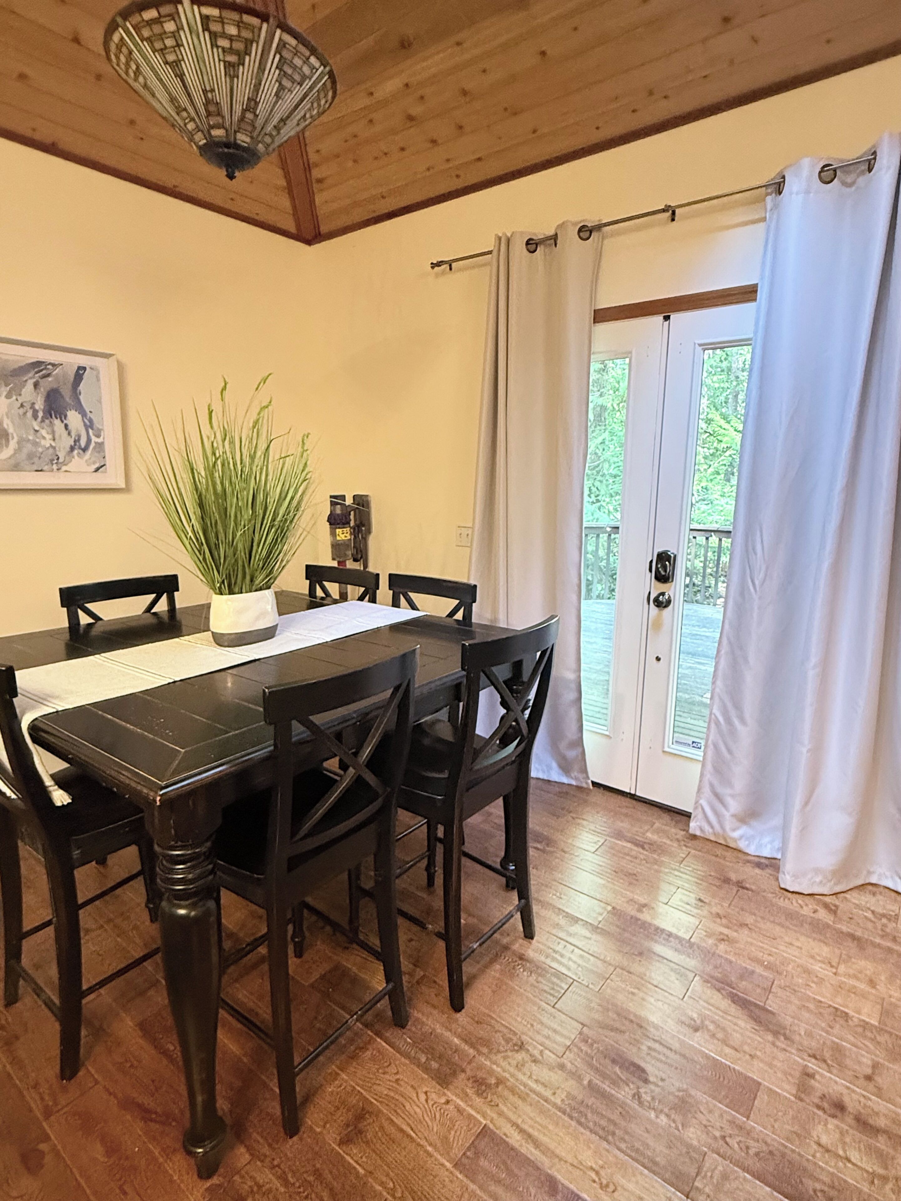 A dining area with a wooden table and chairs, a potted plant, a hanging light fixture, and a door leading to an outdoor area.