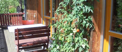 Una terraza de madera con un banco y plantas en macetas.