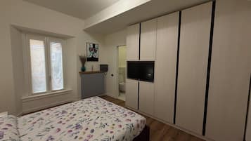 Un dormitorio con cama, televisión, radiador y ventana.