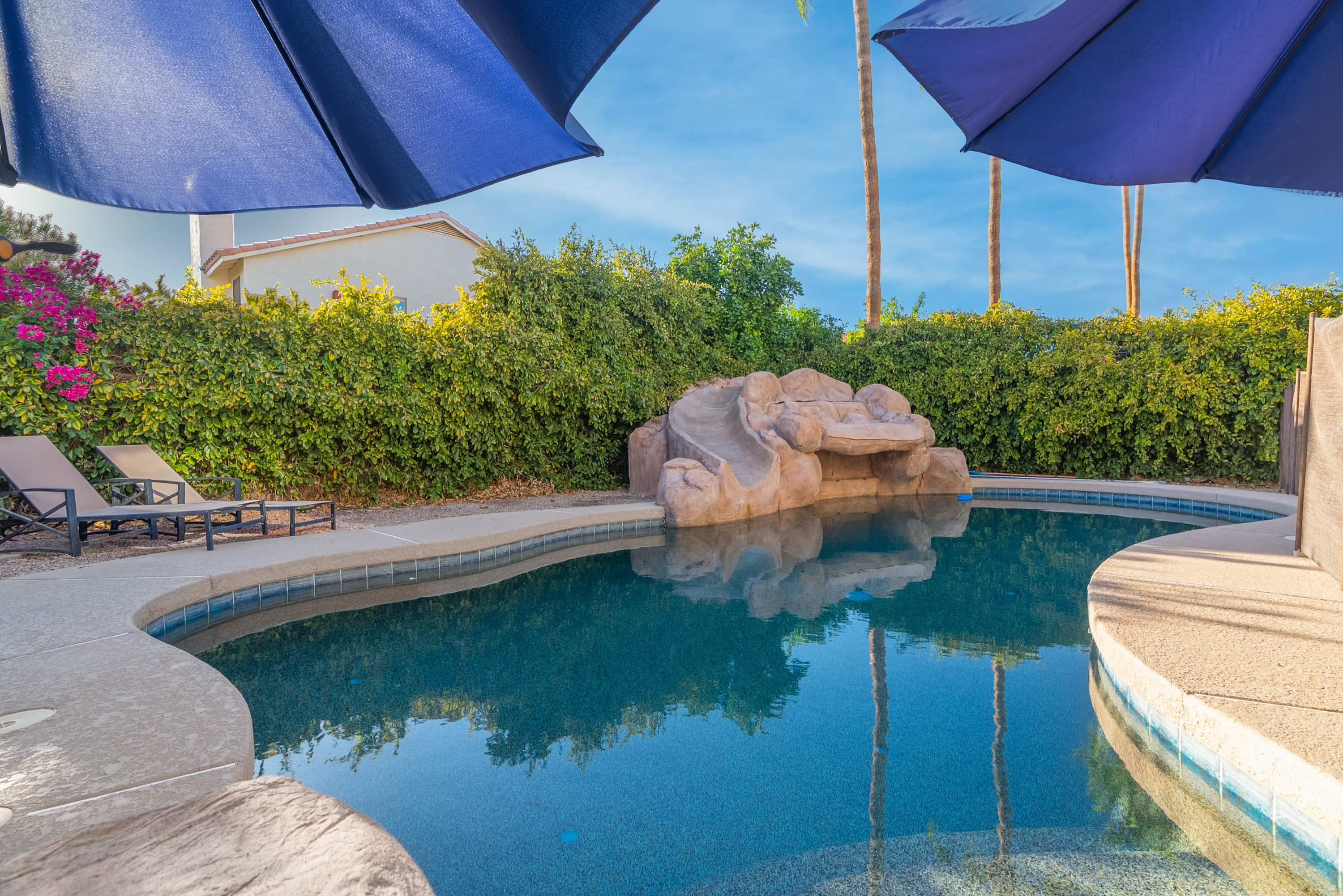 A swimming pool with a rock feature, surrounded by a hedge and umbrellas.