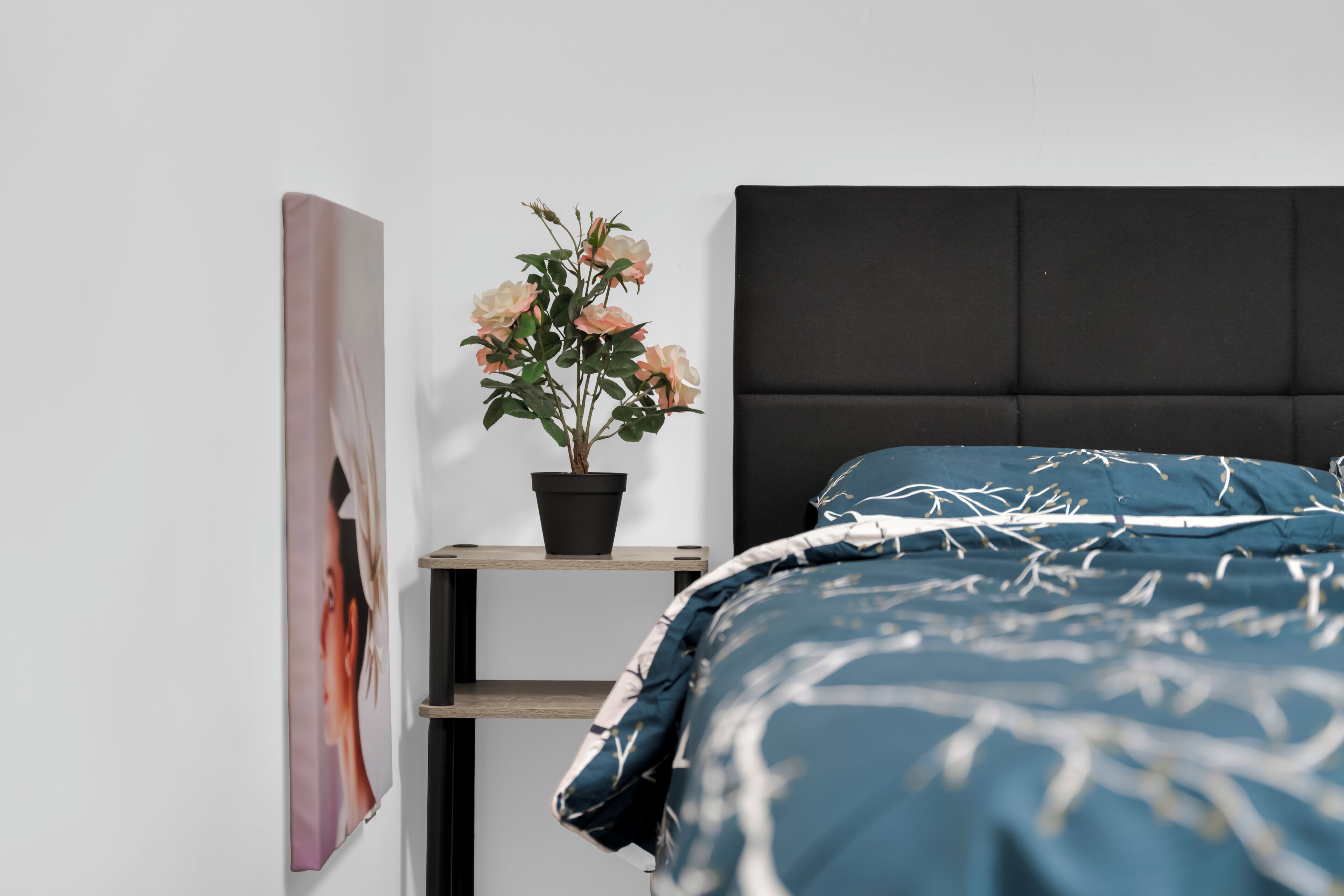 A bedroom with a bed, a nightstand, a potted plant, and a wall-mounted picture.