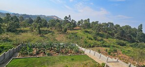 A hilly landscape with a garden area featuring banana plants and a stone wall. - Babz Residence, A private countryside retreat in a serene natural setting (Lutaba Trading Centre)