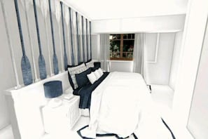 A modern bedroom with a large bed, a bedside table, and a window with a view. - Guest House Praia do Forte Apartment with Gourmet Balcony and access to the pool. (Açu da Torre)