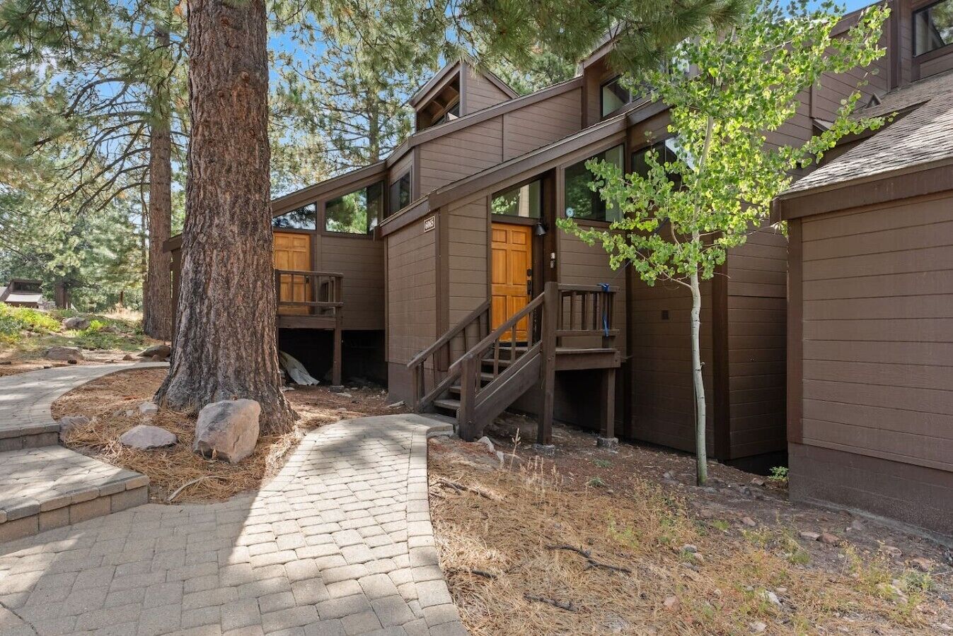 A building with a wooden exterior, a brick pathway, and a tree.