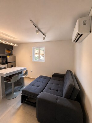 Un espace de vie compact comprenant un coin cuisine, un canapé-lit et une fenêtre laissant entrer la lumière naturelle.