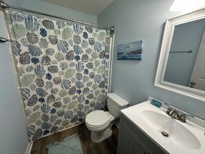 Een badkamer met toilet, wastafel en douchegordijn.