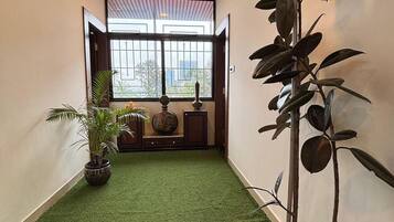A hallway with artificial grass flooring, a ceiling fan, and a potted plant.