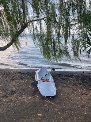 Ein Kajak mit Paddeln liegt auf einem sandigen Strand, teilweise beschattet von einem Baum.