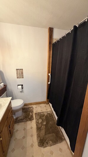 Ein Badezimmer mit Toilette, Papierhandtuchspender, Holzschrank, Duschvorhang und Teppich.