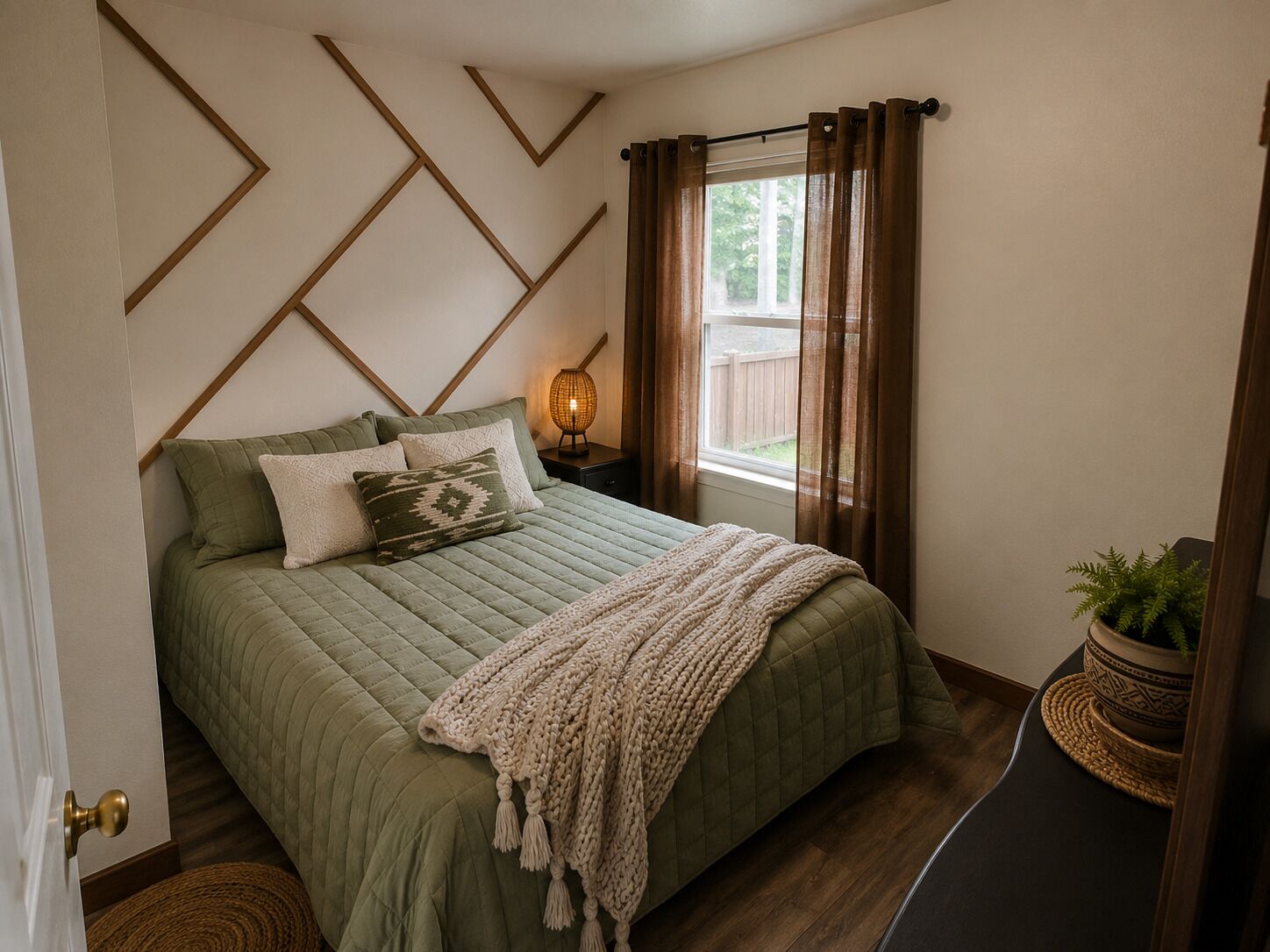 A bedroom with a bed, a bedside lamp, a window with curtains, and a potted plant.