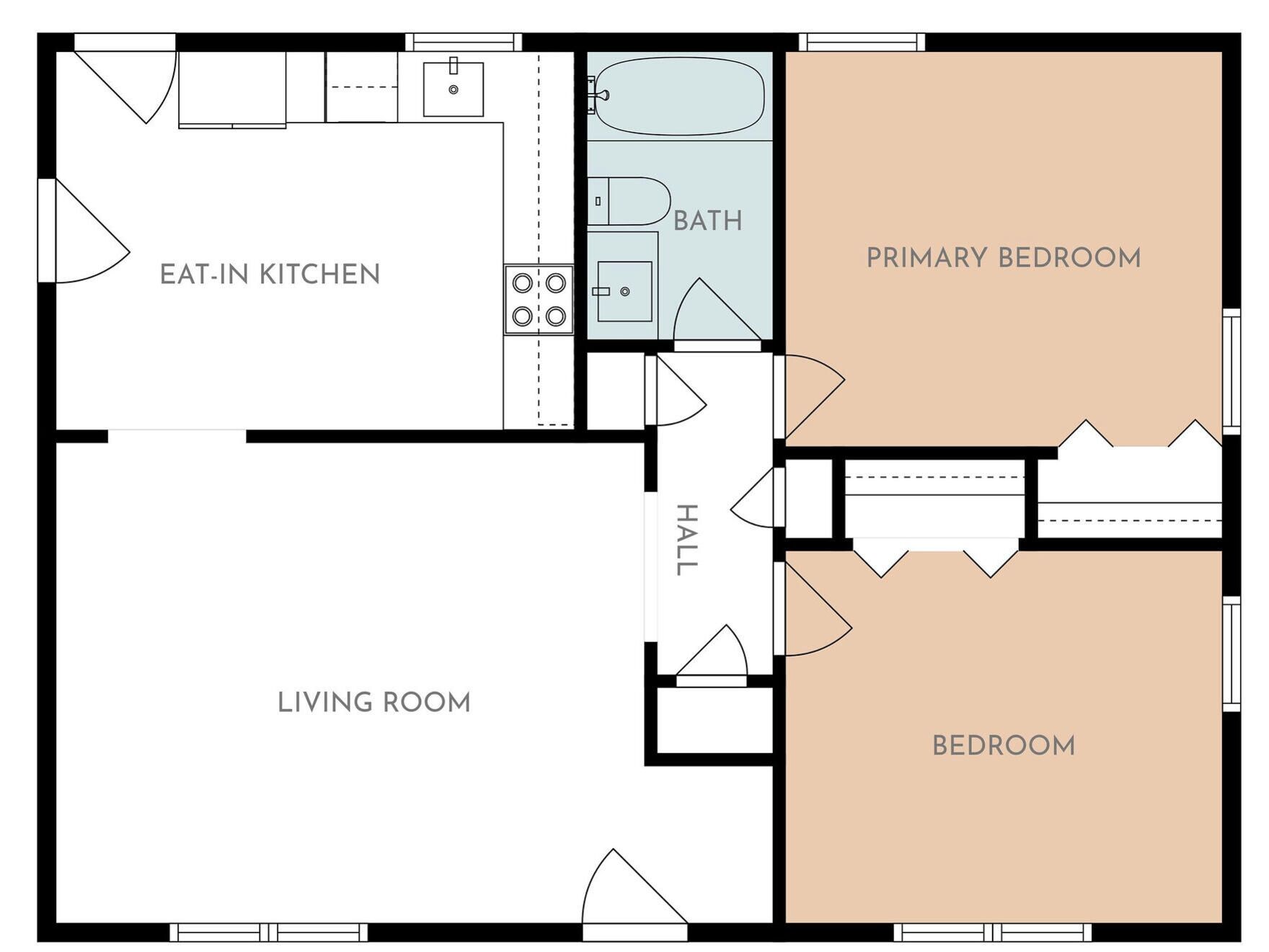 A floor plan with a living room, kitchen, bathroom, primary bedroom, and another bedroom.