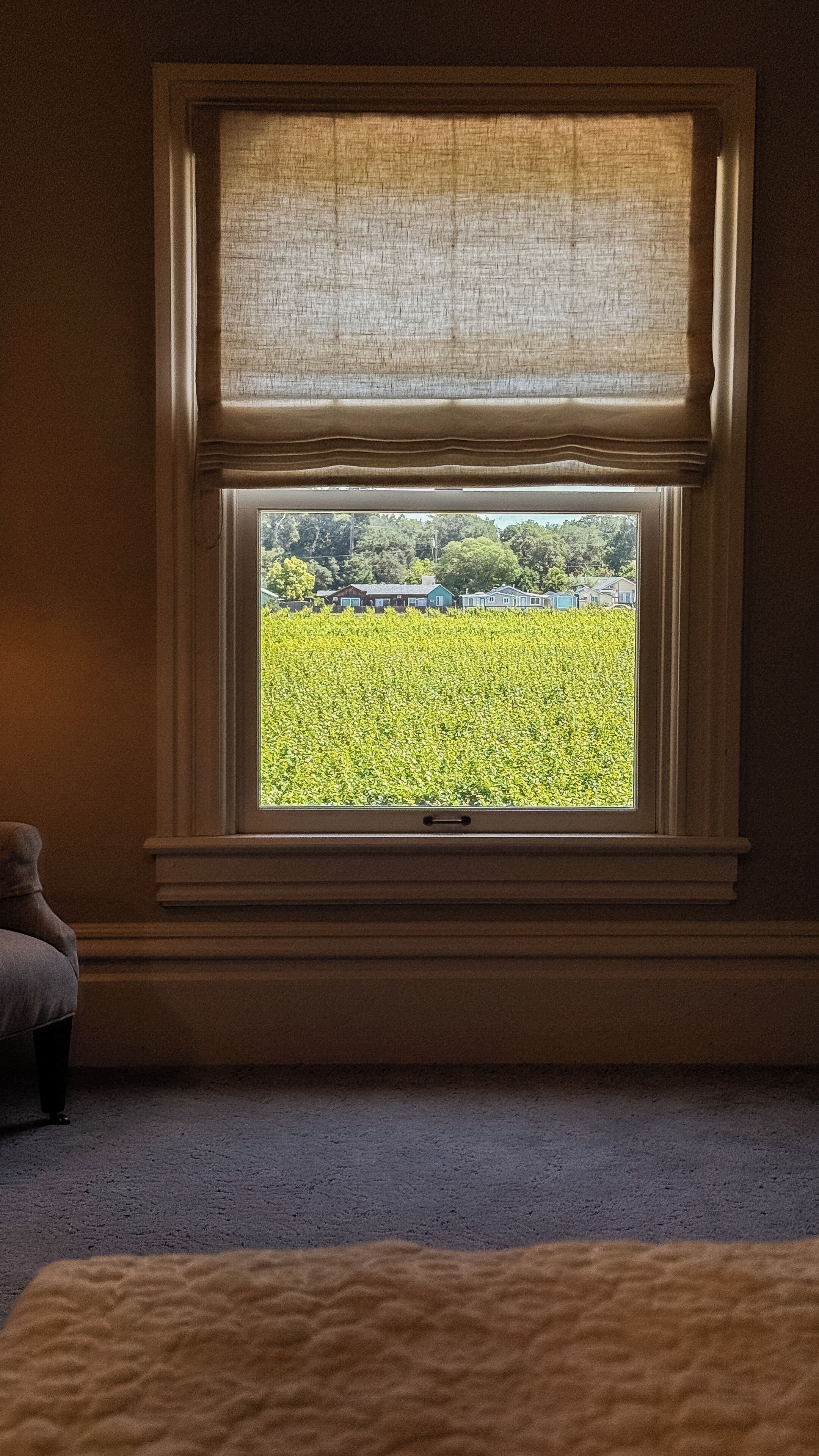 Una habitación con ventana que da a un campo.