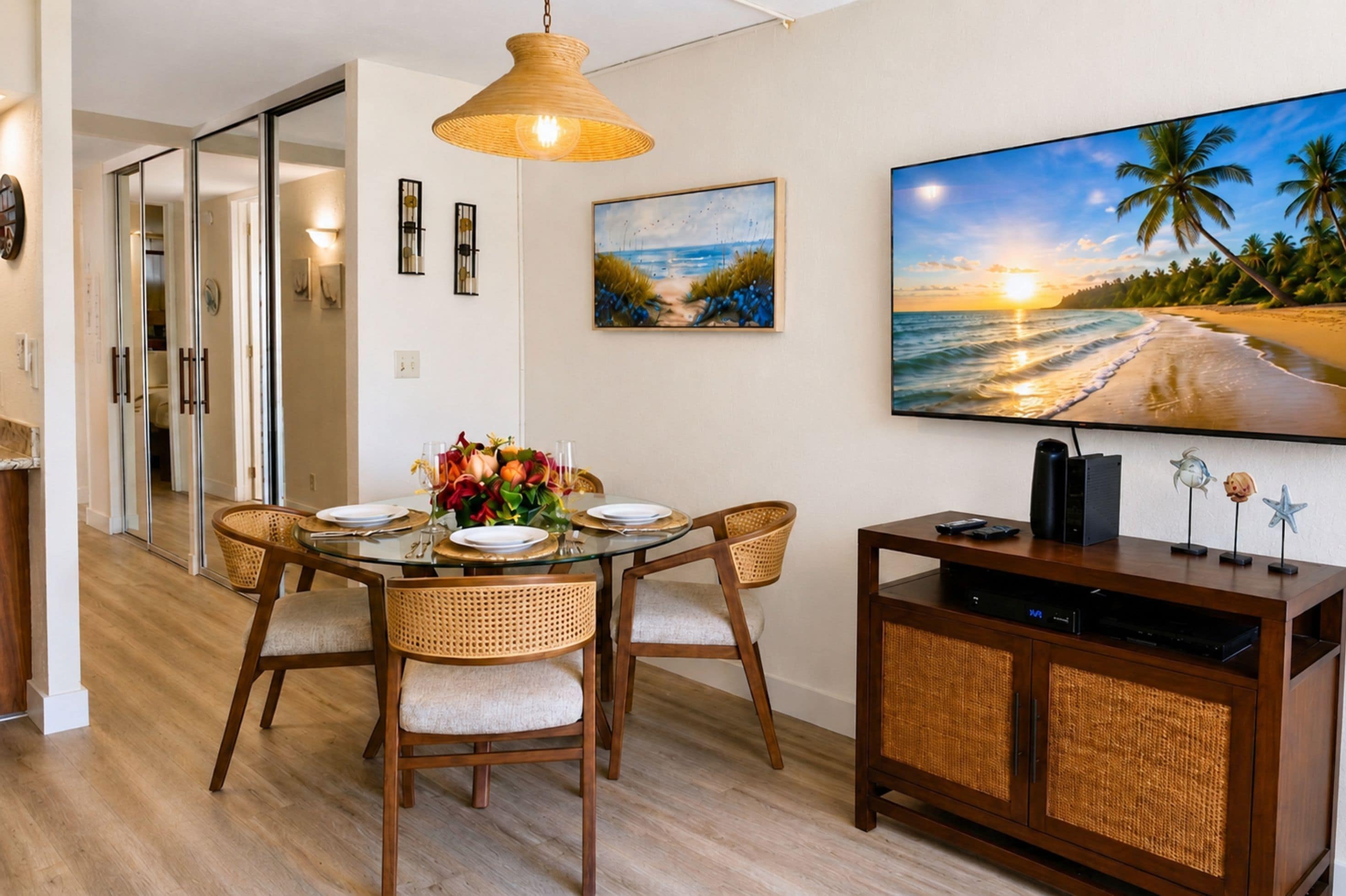 Un comedor con una mesa de vidrio, sillas de mimbre, una lámpara de techo tejida, un cuadro de una playa y un televisor de pantalla plana sobre un mueble de madera.