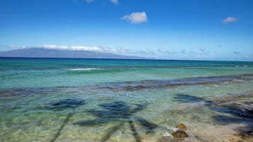 A clear view of a beach with shallow waters, rocks, and a distant mountain range.