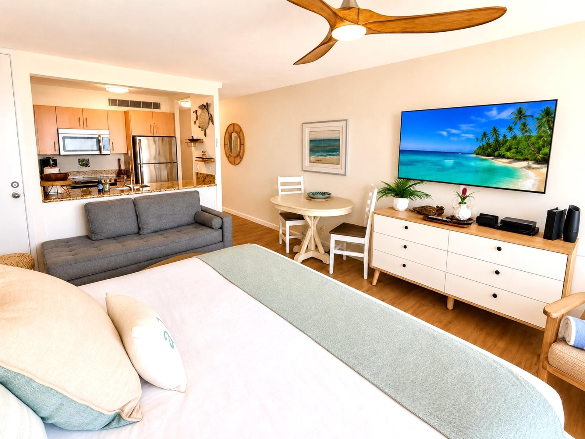 A bedroom with a bed, a sofa, a dining table, a TV, and a kitchenette.