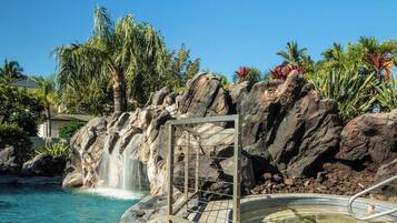 A pool area with a waterfall feature, surrounded by rocks and palm trees.