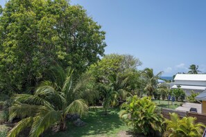 A lush garden with palm trees and a view of a white building with a metal roof. - Colline - Proche plage - Terrasse (Le Moule)