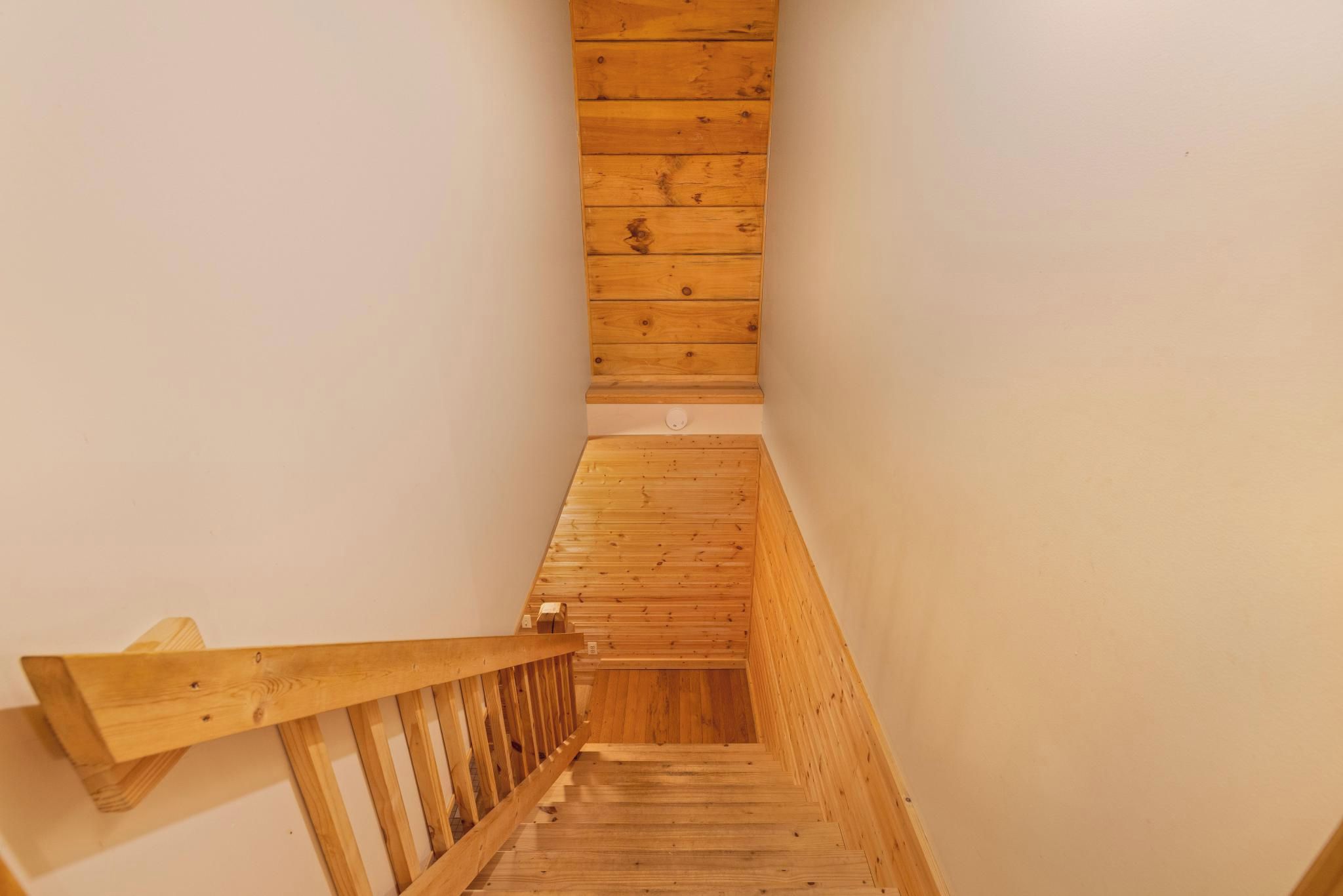 A wooden staircase with a handrail, leading to a landing with a light switch.