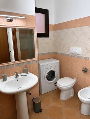 Ein Badezimmer mit Waschbecken, Spiegel, Waschmaschine und zwei Toiletten.