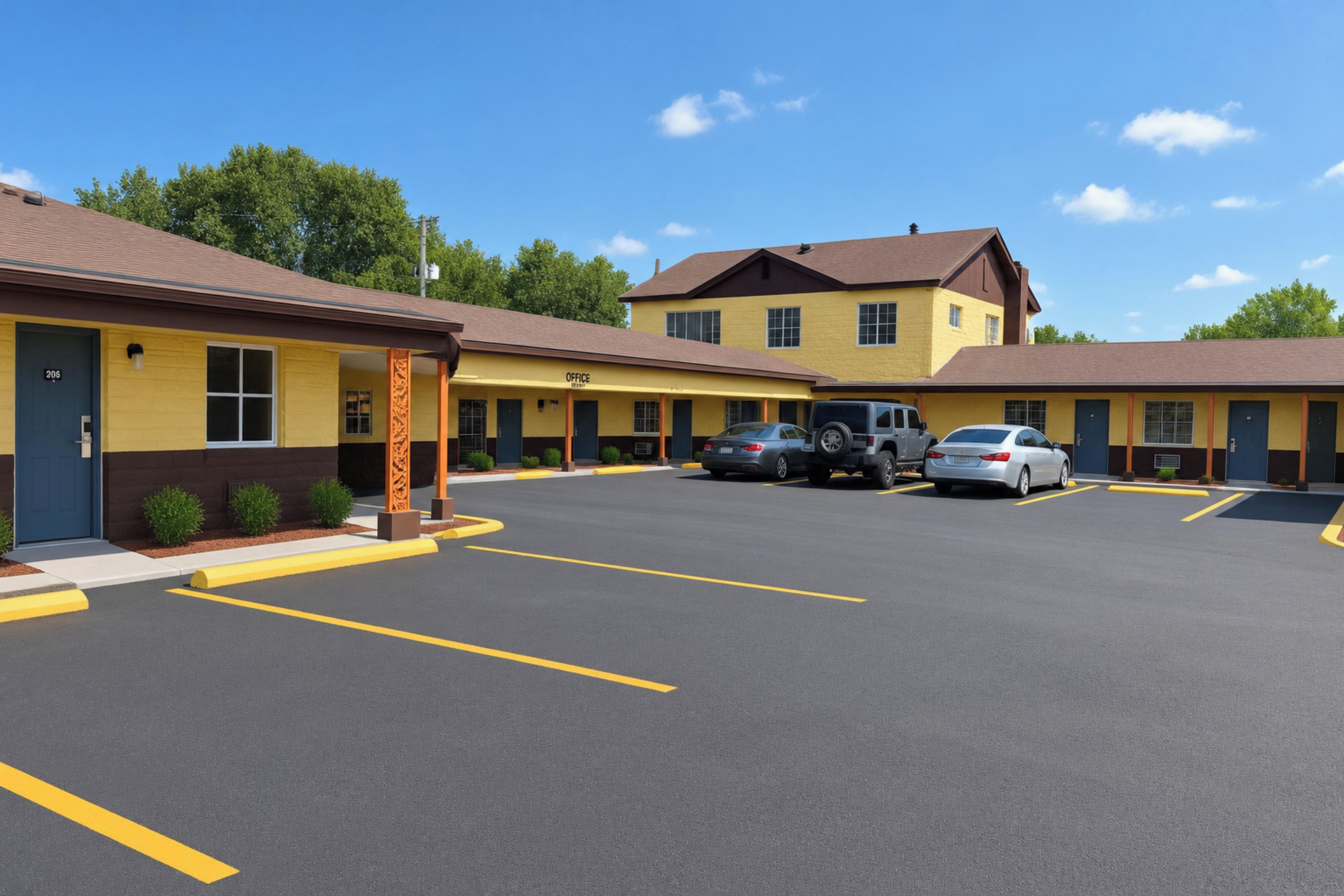 Ein Motel mit mehreren Zimmern, einem Parkplatz und blauem Himmel.