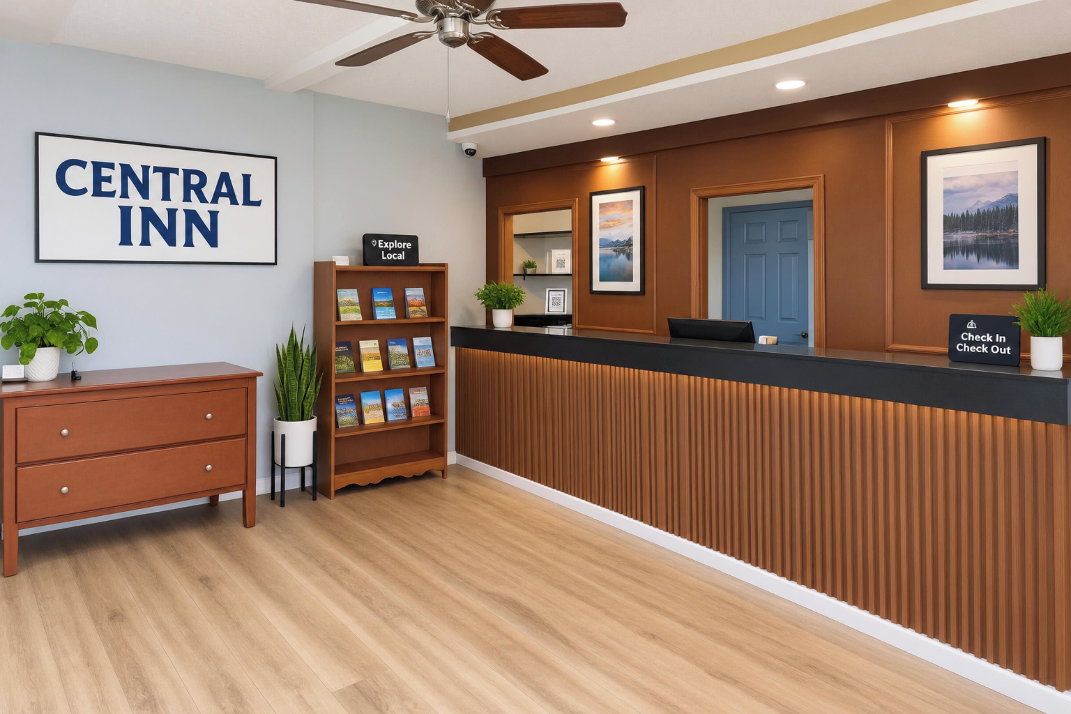Uma área de recepção com um balcão de madeira, uma estante com livros, uma placa que diz 'Central Inn' e um ventilador de teto.
