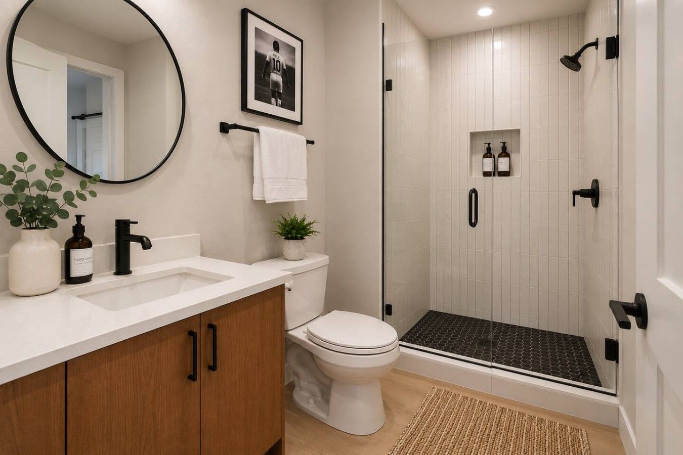 A modern bathroom with a toilet, sink, and shower area.