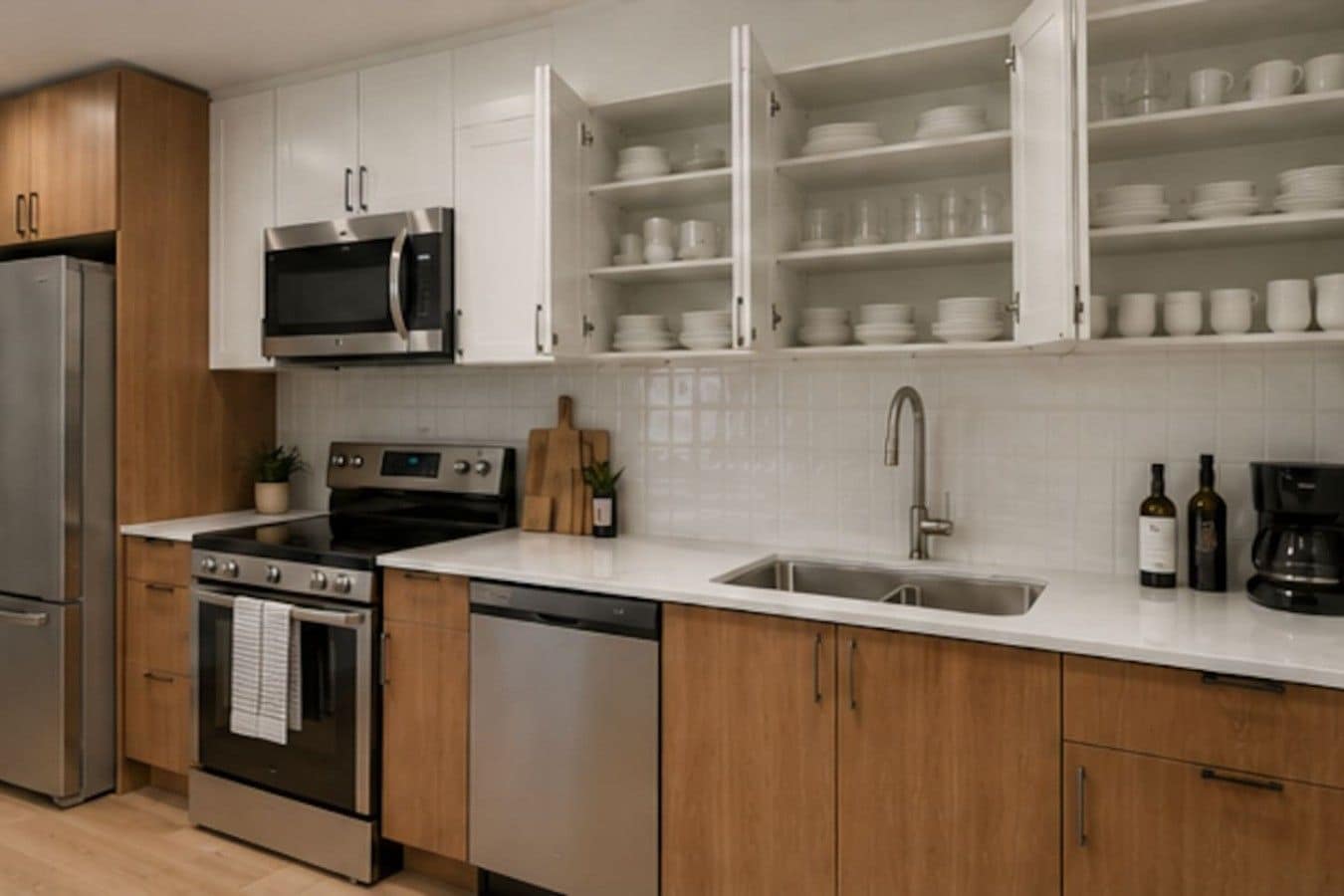 A modern kitchen with stainless steel appliances, wooden cabinets, and a built-in wine rack.