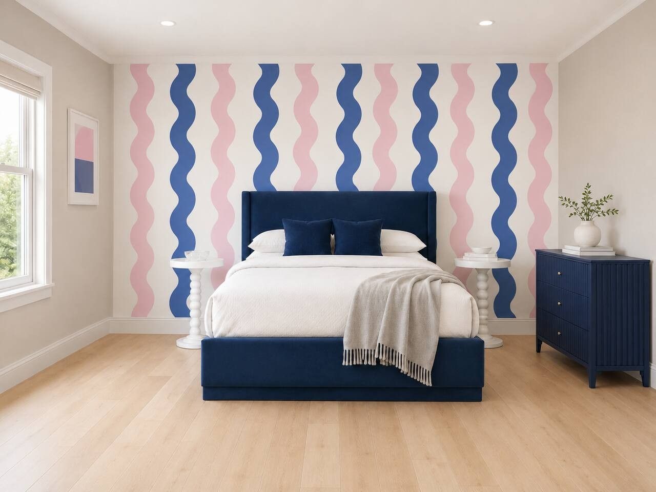 Un dormitorio con cama, cómoda, mesita de noche y una pared con diseño ondulado.
