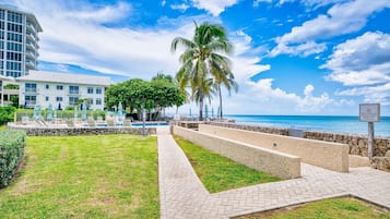 Un hotel frente a la playa con piscina, palmeras y cielo despejado.