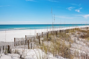 Ein sandiger Strand mit einer Holzlattenverkleidung und spärlicher Vegetation.