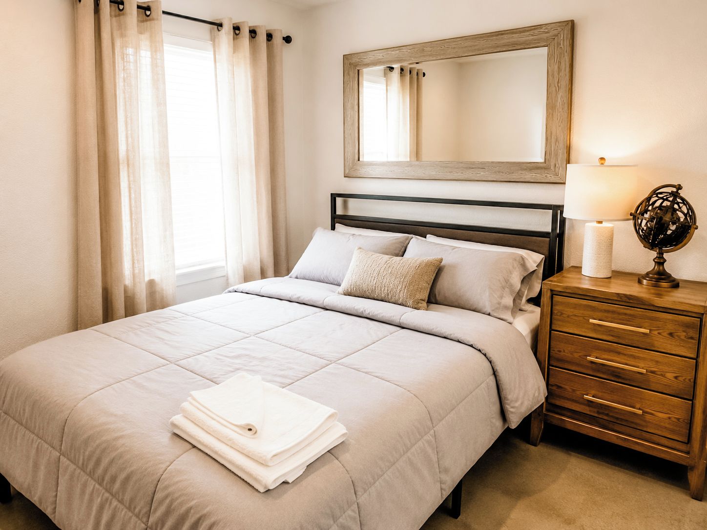 A bedroom with a bed, a nightstand, a lamp, and a mirror.