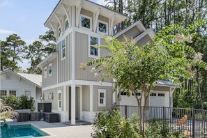 A multi-story house with a pool, surrounded by trees and a fence. - Private Pool, Walk to Grayton Beach- Grayton Pointe by Royal Destinations (Santa Rosa Beach)