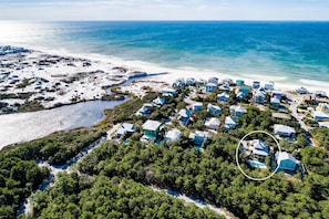 An aerial view of a coastal residential area with houses, a beach, and a river. - Private Pool, Near Beach & State Park- Lucky Dog by Royal Destinations (Santa Rosa Beach)