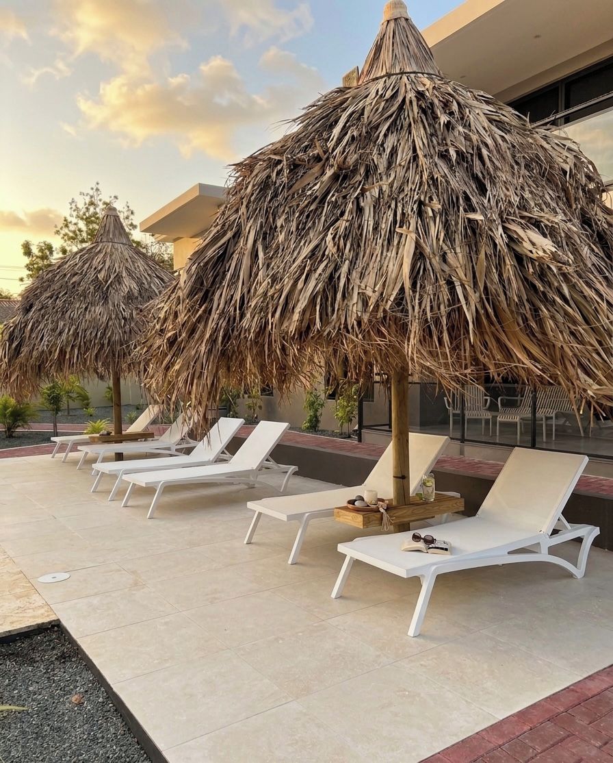 Een zwembadterras met ligbedden en rieten parasols, met op de achtergrond een modern gebouw en een heldere lucht.
