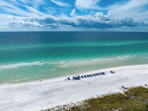 A beach with a row of blue umbrellas, a sandy shore, and the ocean.
