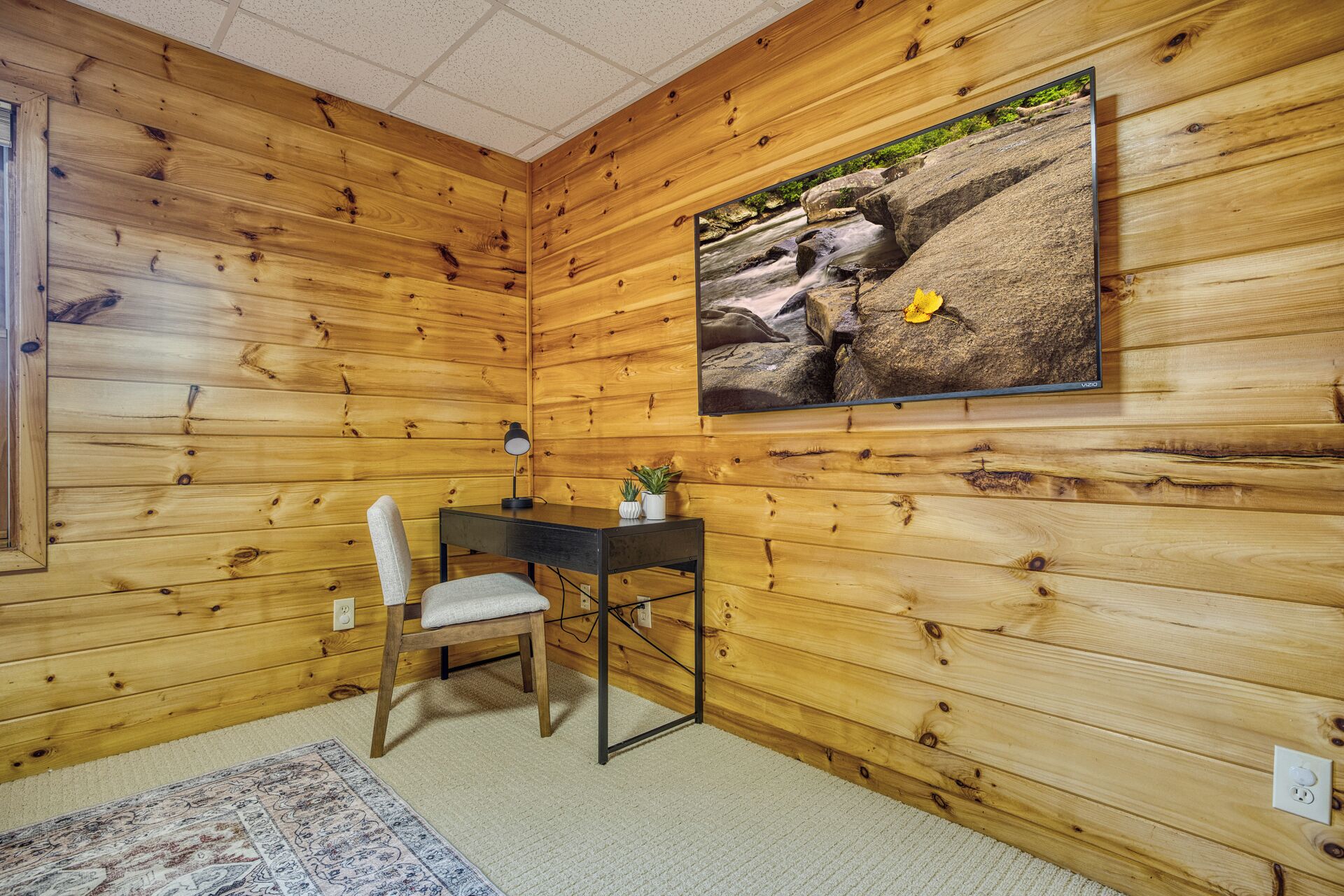 A room with wooden walls, a desk with a chair, a rug, and a framed picture of a rocky landscape.