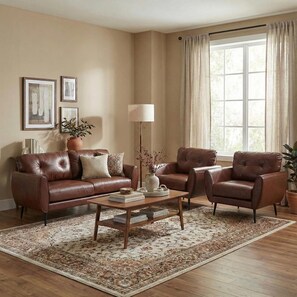 A living room with a brown leather sofa, two armchairs, a coffee table, and a large window with curtains. - Stylish 4BR North Port St. Lucie Retreat  Sleeps 8 Large Backyard (Port St. Lucie)