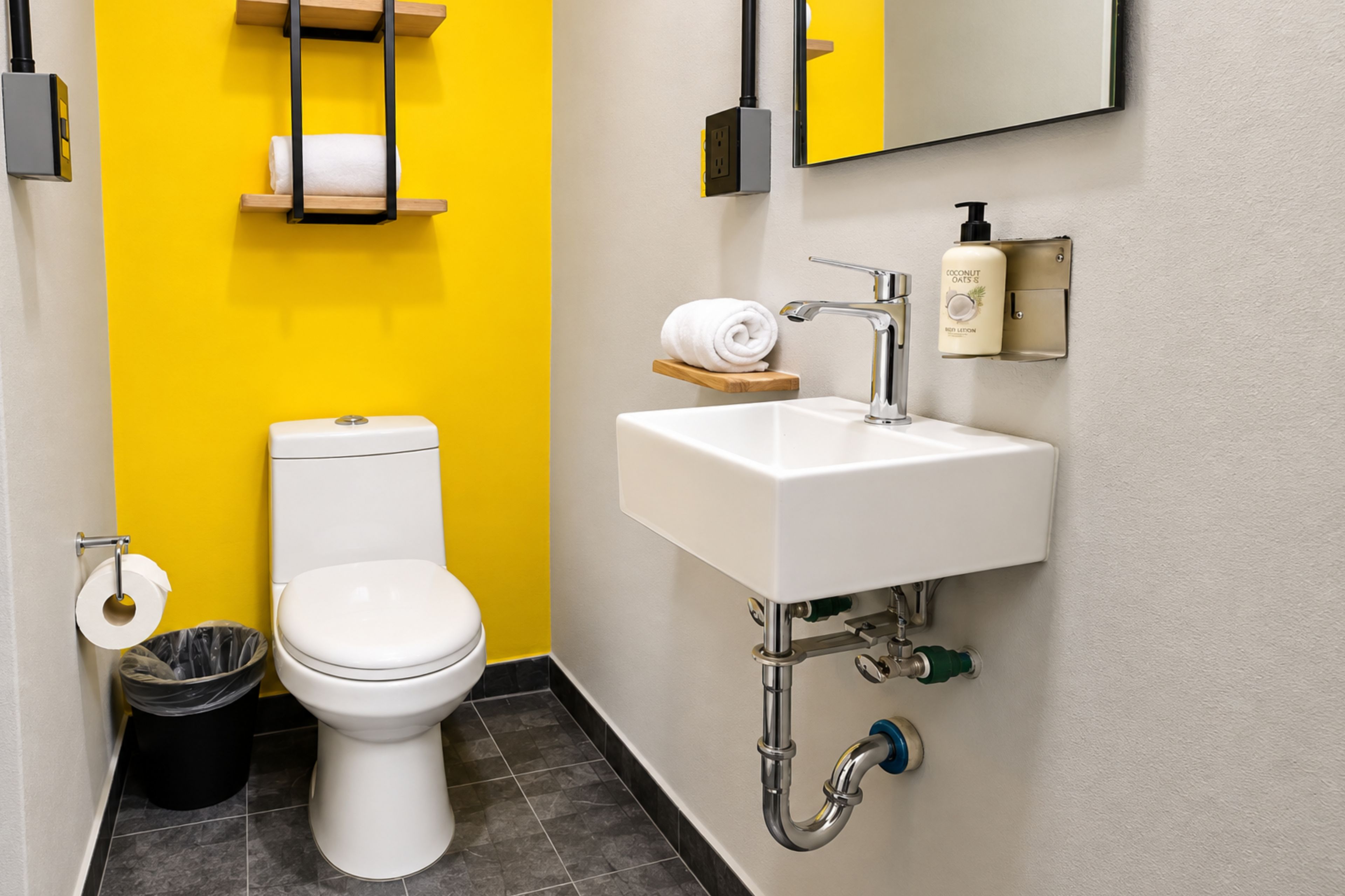 A bathroom with a toilet, sink, and a mirror.