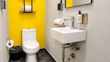 A bathroom with a toilet, sink, and a mirror.