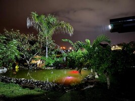 A nighttime garden with a pond, palm trees, and a building in the background.