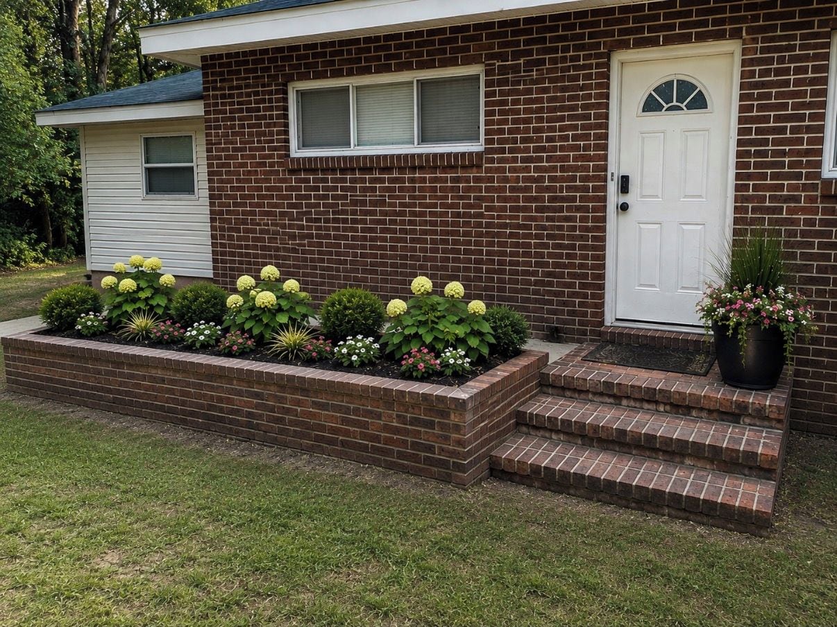 A two-story brick house with a white front door, a small window, and a flower bed with various plants.