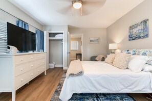 A bedroom with a bed, a dresser, a television, a closet, and a painting on the wall. - Cozy 2-bedroom house in charming Tampa with AC (Tampa)