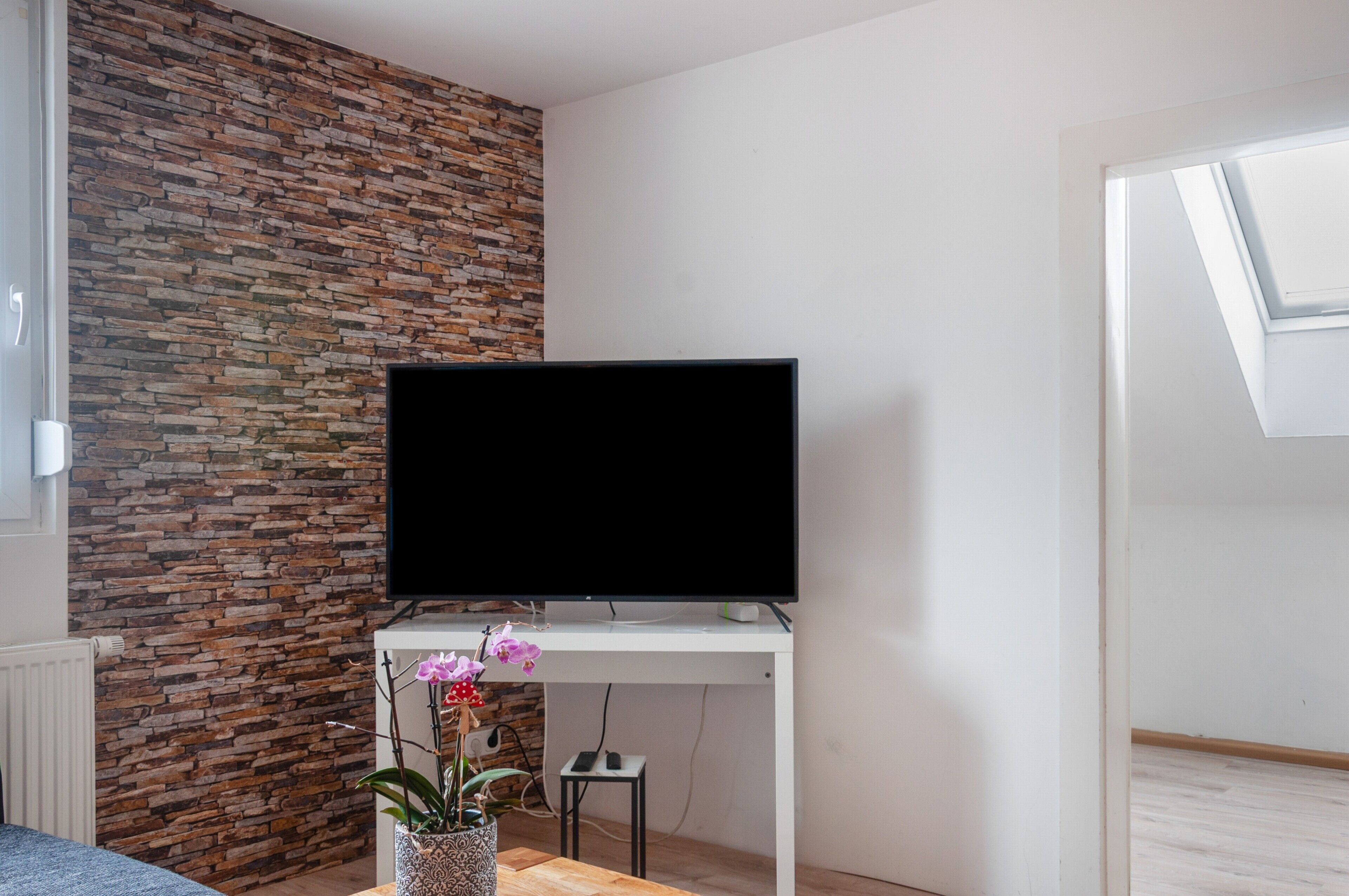 Ein modernes Wohnzimmer mit einem Flachbildfernseher auf einem weißen Schrank, einer Steinwand und einer Topfpflanze mit Orchideen.