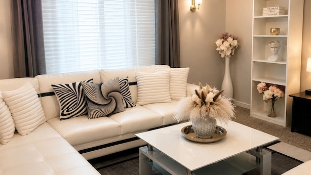 En moderne stue med en hvid sofa, et sofabord og pyngeting.