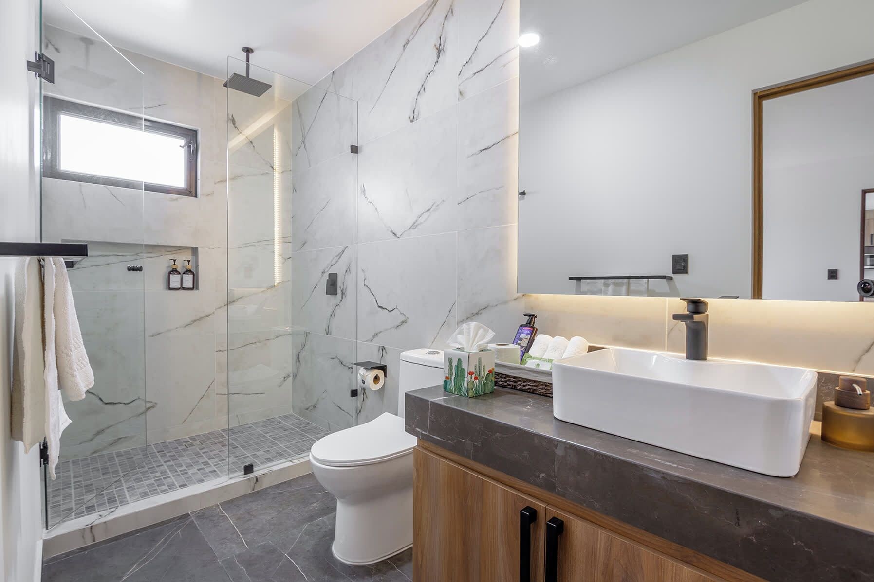 A modern bathroom with a glass-enclosed shower, a white toilet, a vanity with a large sink, and a mirror above the sink.