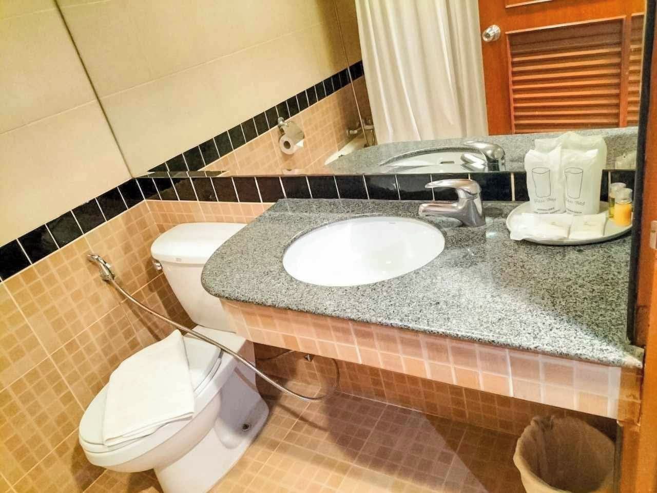 A bathroom with a white toilet, a granite sink, and a mirror above it.