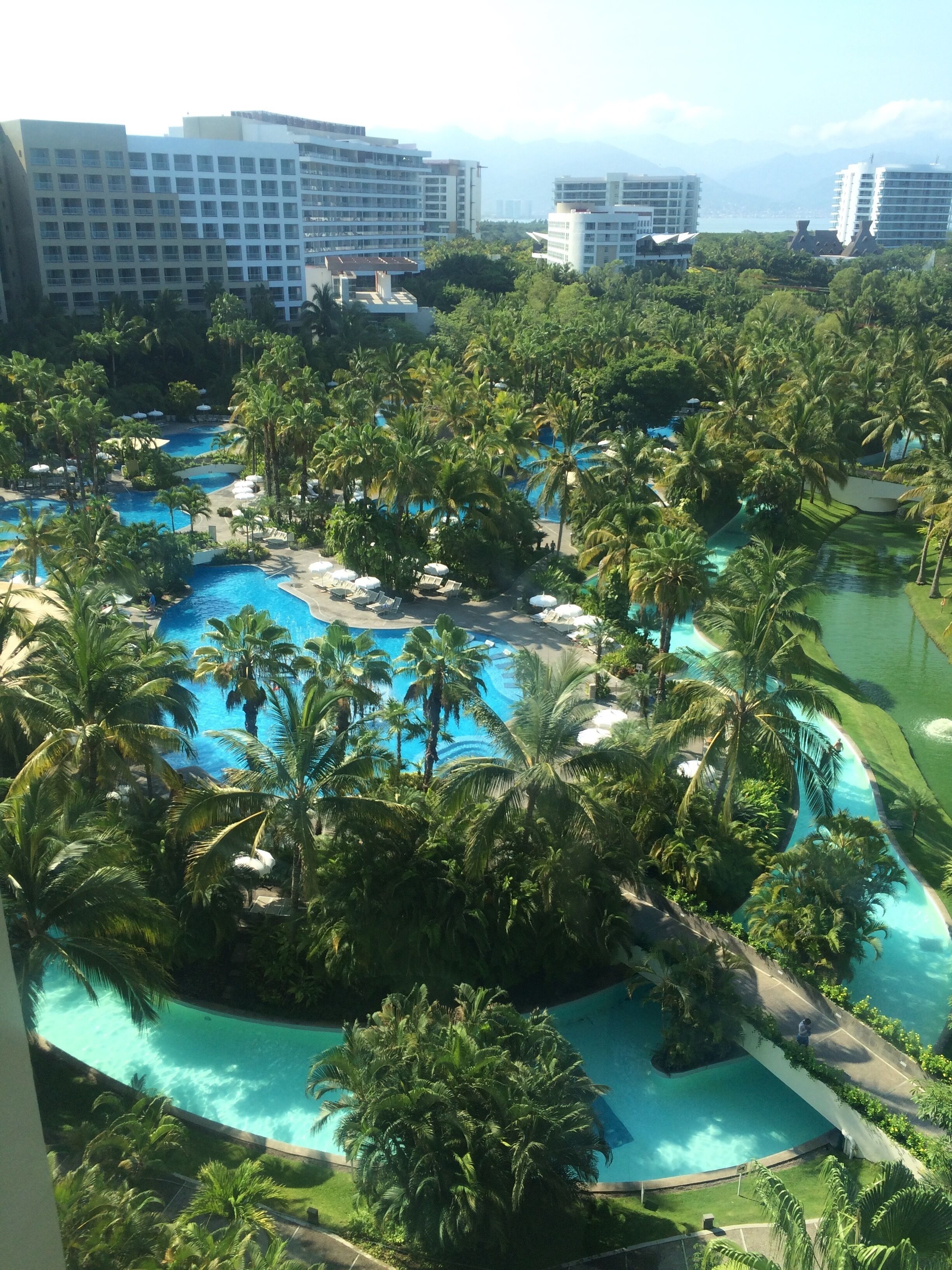 A resort with multiple swimming pools surrounded by palm trees and lush greenery.