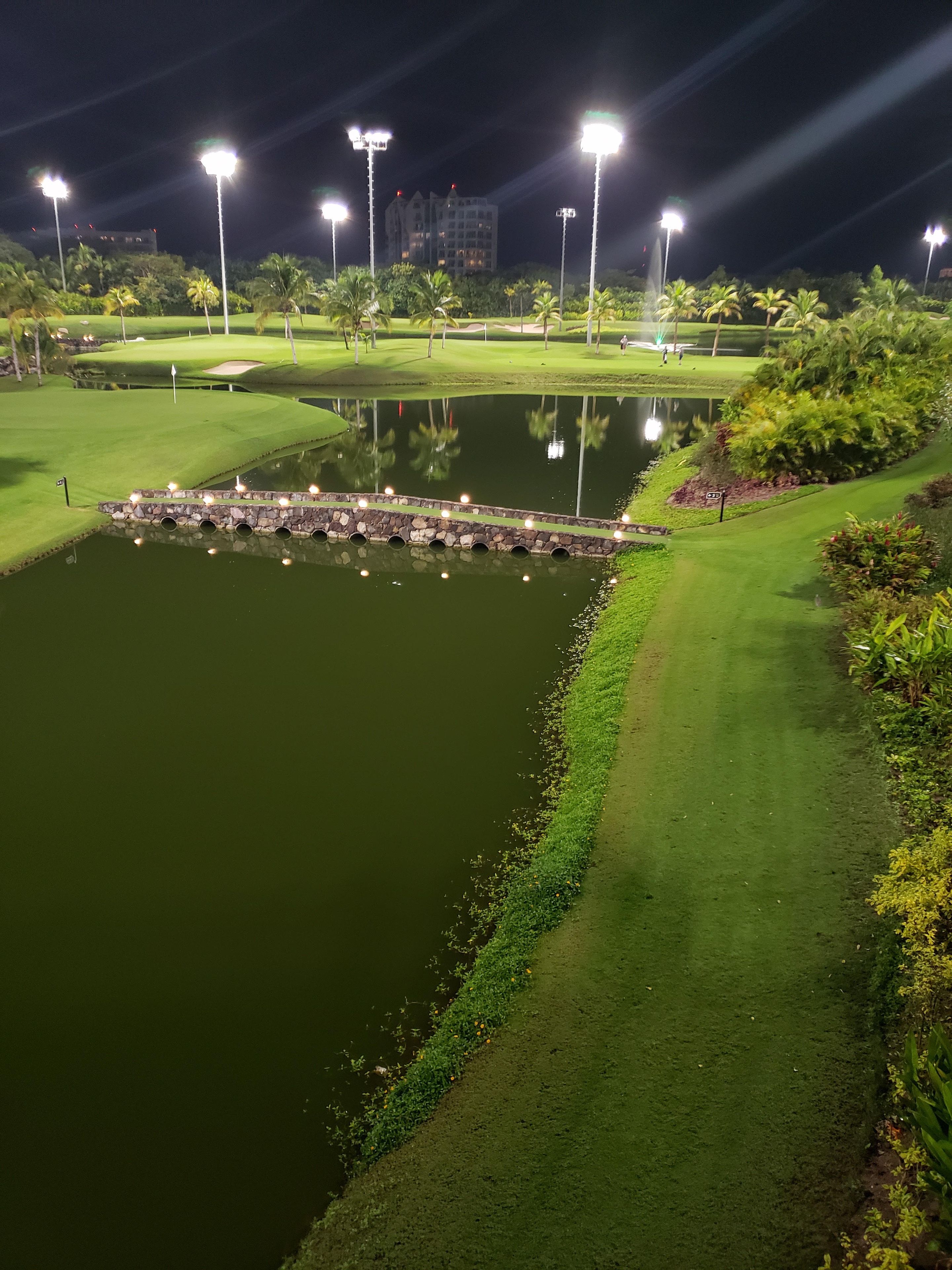 Ein Golfplatz bei Nacht mit gut beleuchteten Bereichen, einem Teich und einer Steinbrücke.