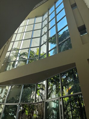 Un immeuble à plusieurs étages doté de grandes fenêtres et offrant une vue sur la végétation tropicale.